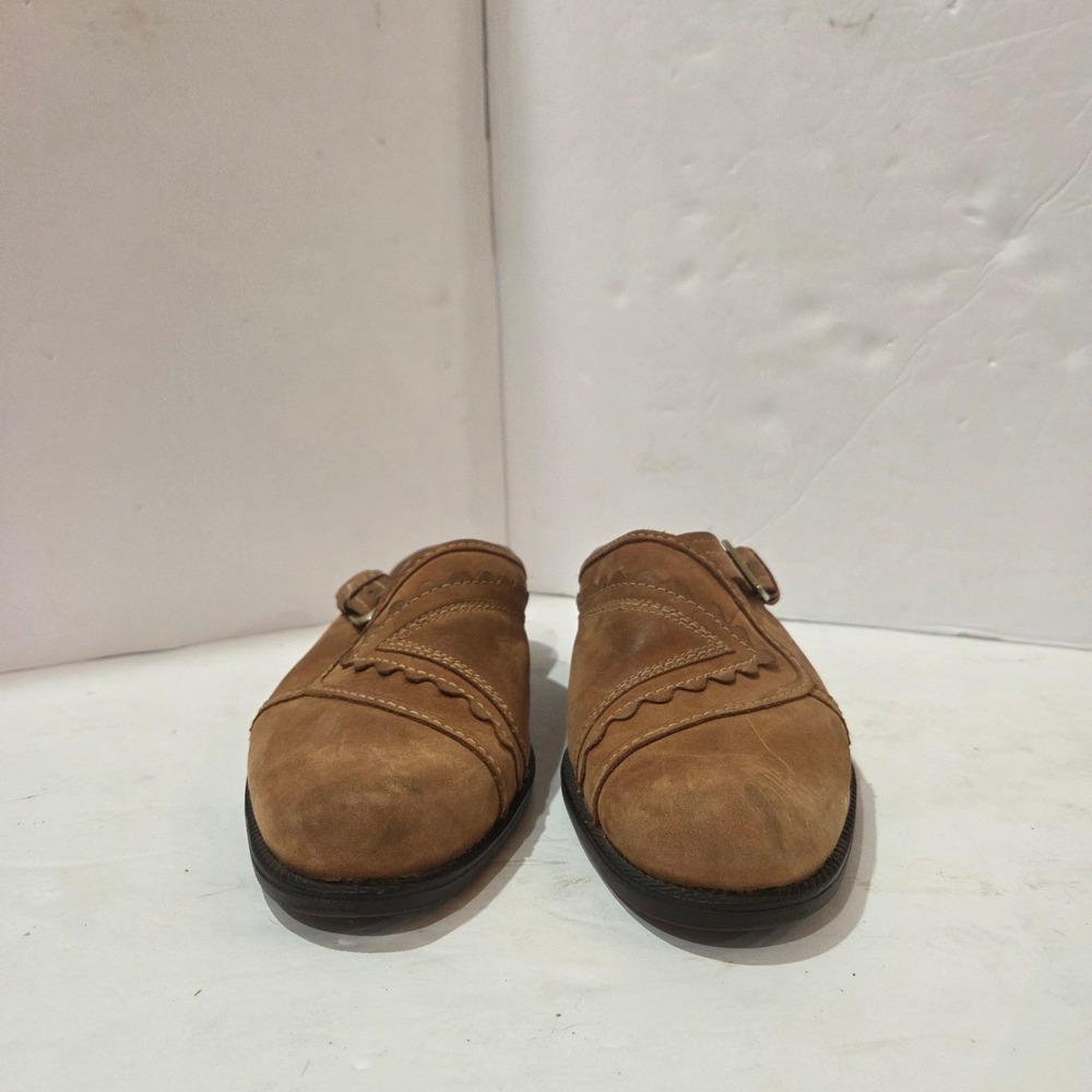 Y2K Clarks Tan Suede Buckle Block Heel Mules Clogs Western Cotcottage Granny - Picture 2 of 10